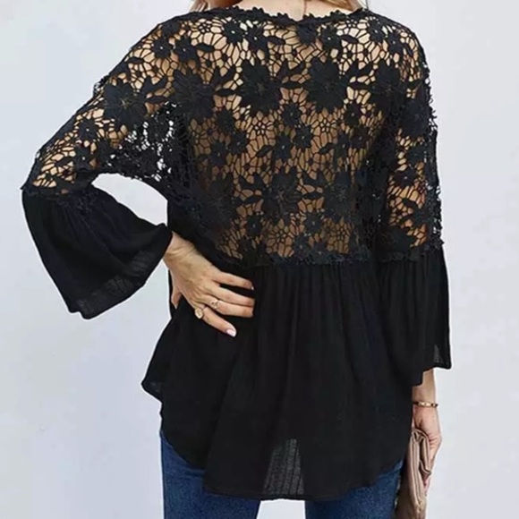 SOLD OUT Black Boho Crochet Lace Button Up Blouse Top - Picture 3 of 5